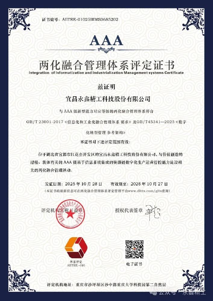 【喜報(bào)】永鑫精工成功通過國家兩化融合管理體系A(chǔ)AA級(jí)認(rèn)證